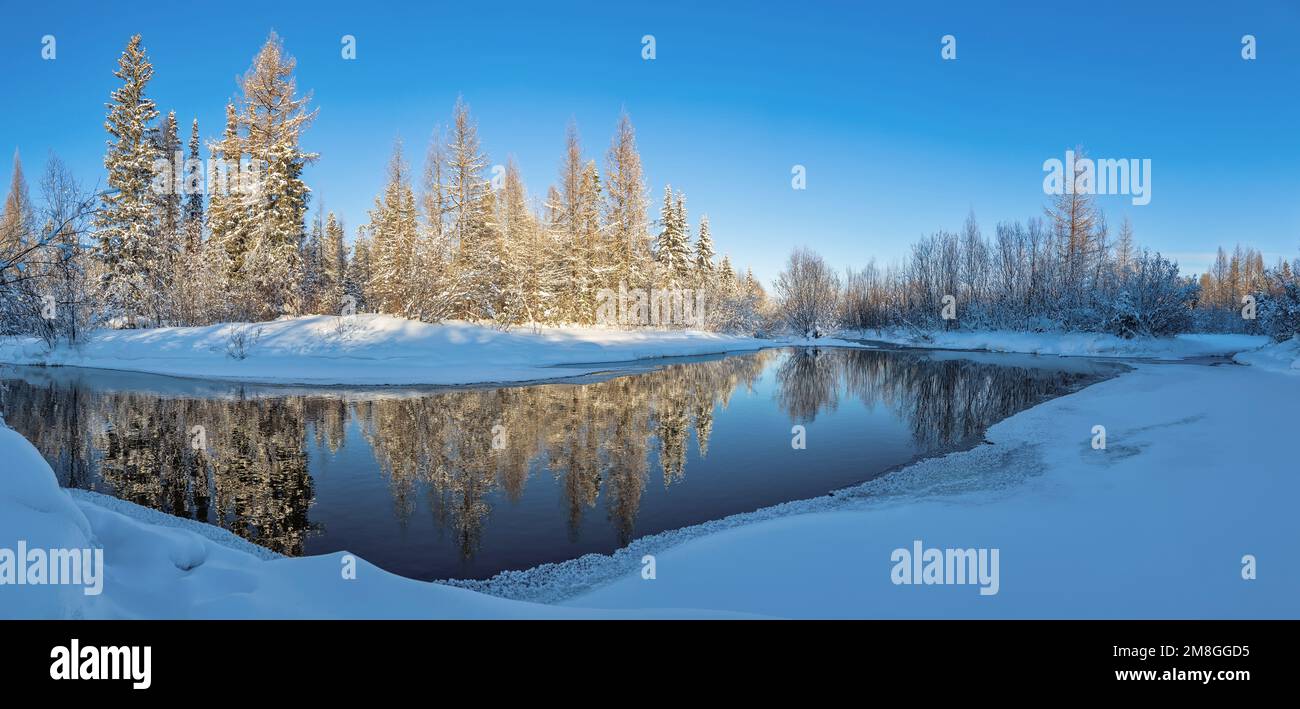 Paesaggio invernale con un piccolo fiume e foresta riflessa in acqua, nella Yakutia meridionale, Russia Foto Stock