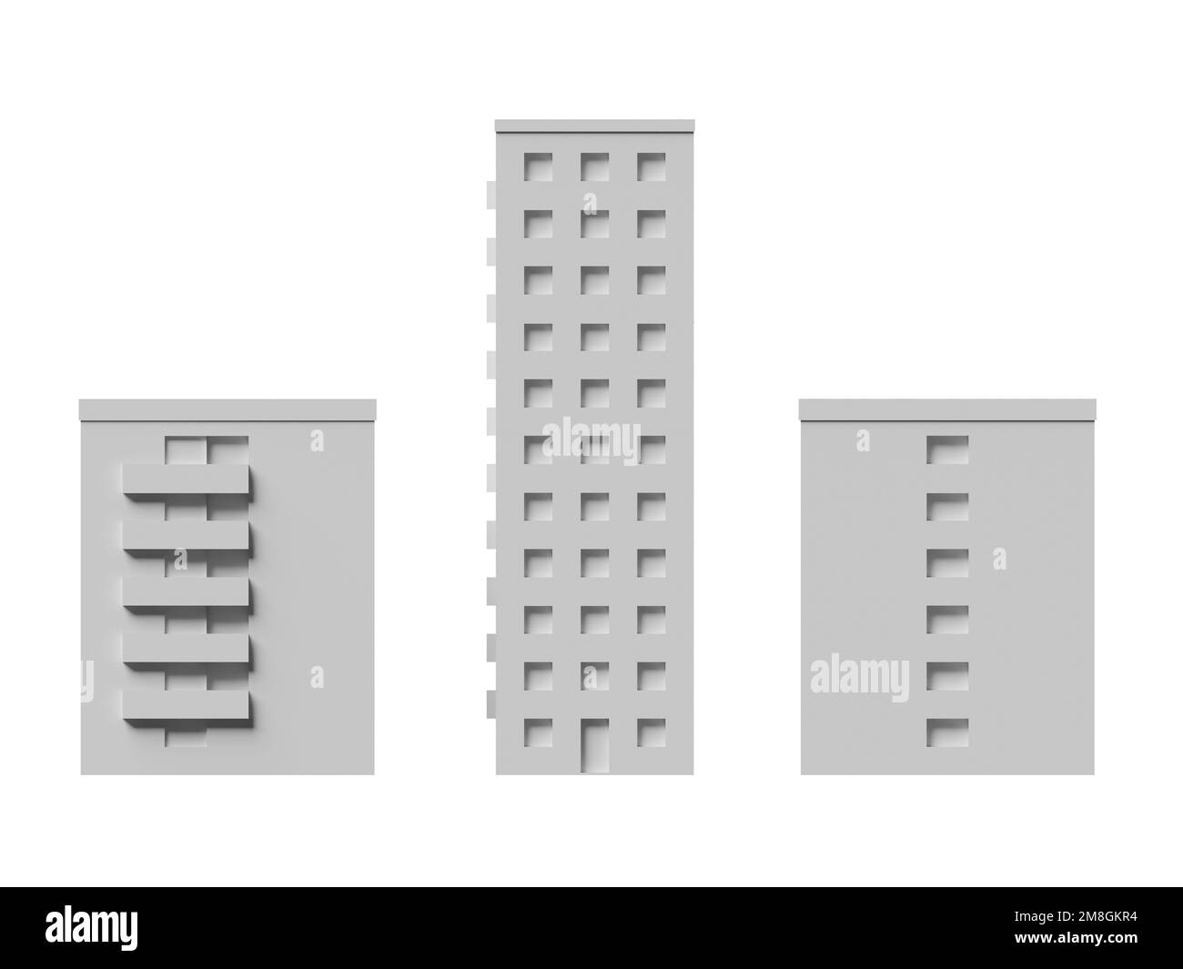 Primitiva illustrazione 3D di blocchi di appartamenti a più piani in sfondo isolato. Concetto di business immobiliare, edilizia e sviluppo Foto Stock