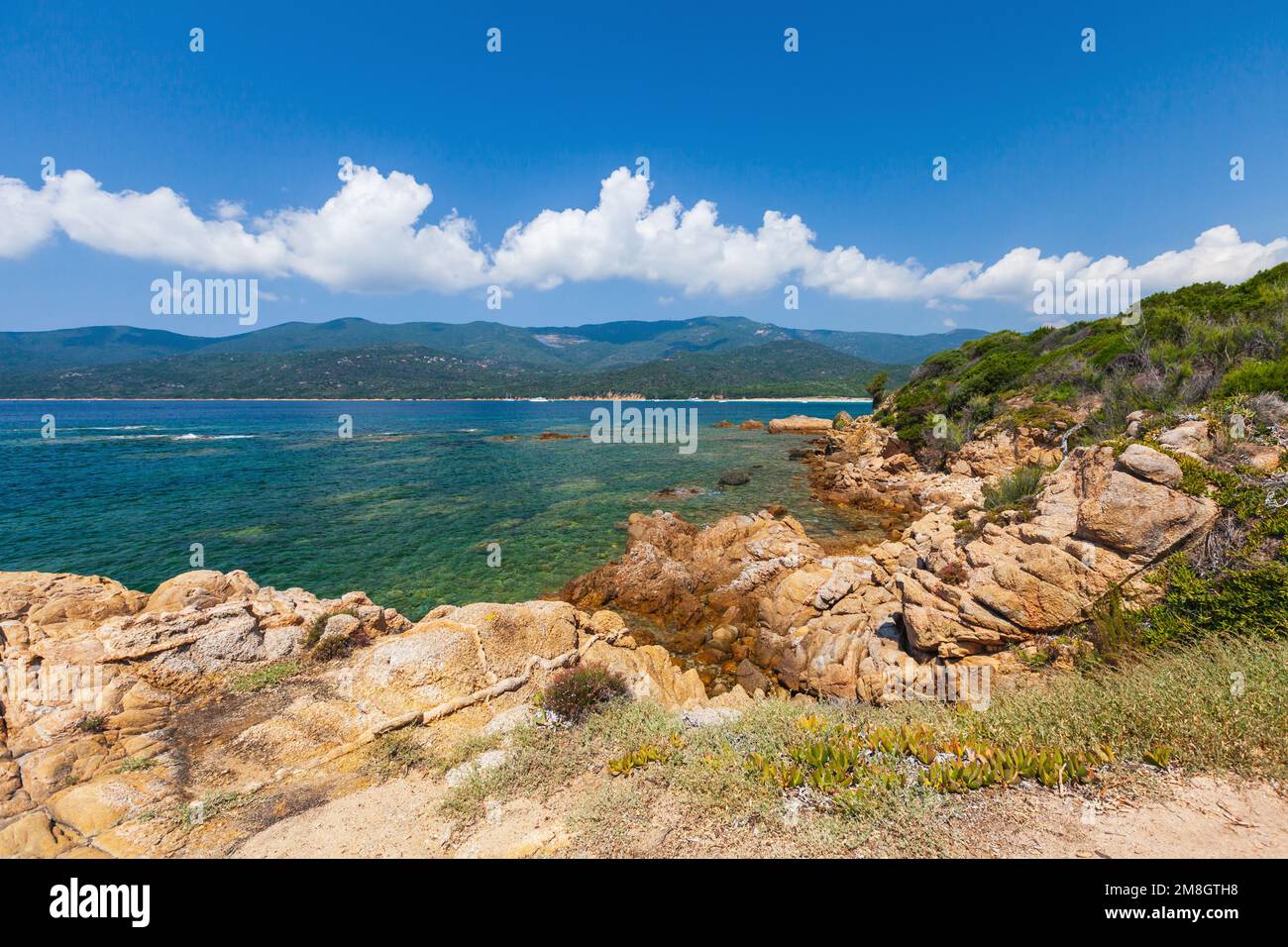 Plage de Cupabia, Corsica del Sud, Francia. Foto del paesaggio costiero scattata in una giornata di sole. Spiaggia di Cupabia Foto Stock