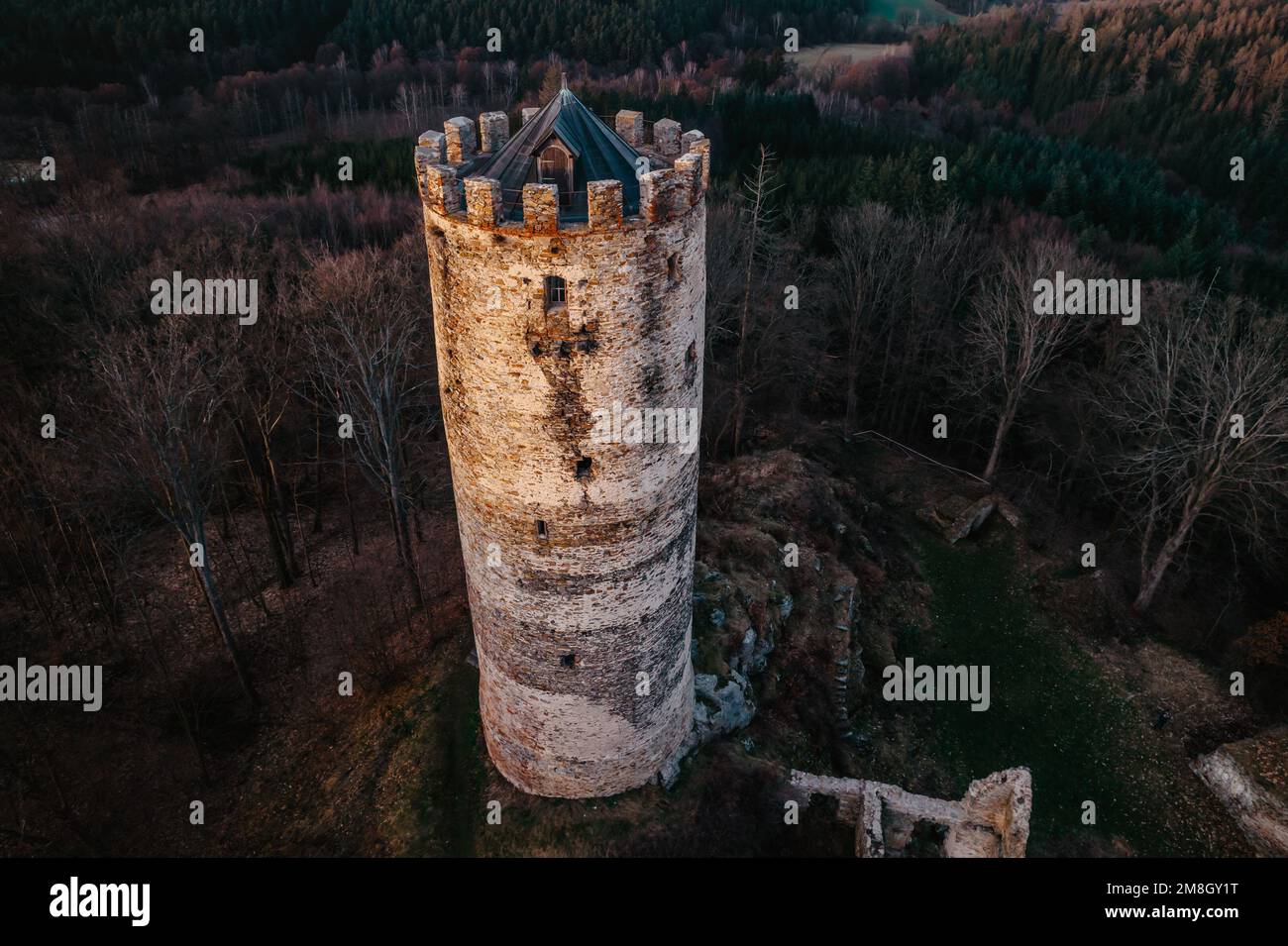 Veduta aerea del castello gotico-rinascimentale Selmberk rovina vicino al villaggio di Mlada Vozice, Repubblica Ceca. Si trova sulla roccia, la sua torre è dominante Foto Stock