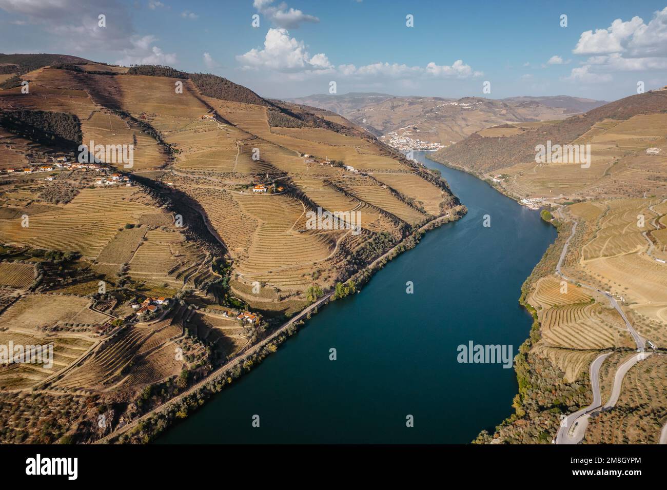 Vista aerea della valle del Douro. Vigneti terrazzati e paesaggio vicino a Pinhao, Portogallo. Regione vinicola portoghese. Bello paesaggio autunnale. Concetto di viaggio Foto Stock