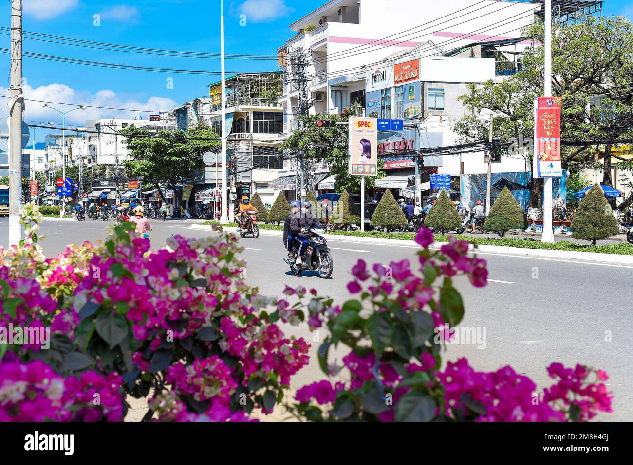 Nha Trang, Vietnam - 13 gennaio 2023: Strade della città di Nha Trang con strada stradale e fiori per il Capodanno lunare Tet Foto Stock