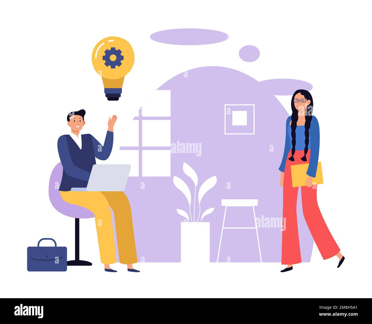 Idea creativa. Uomo seduto e al lavoro sul notebook che genera pensieri. Personaggio femminile in arrivo con un collega Illustrazione Vettoriale