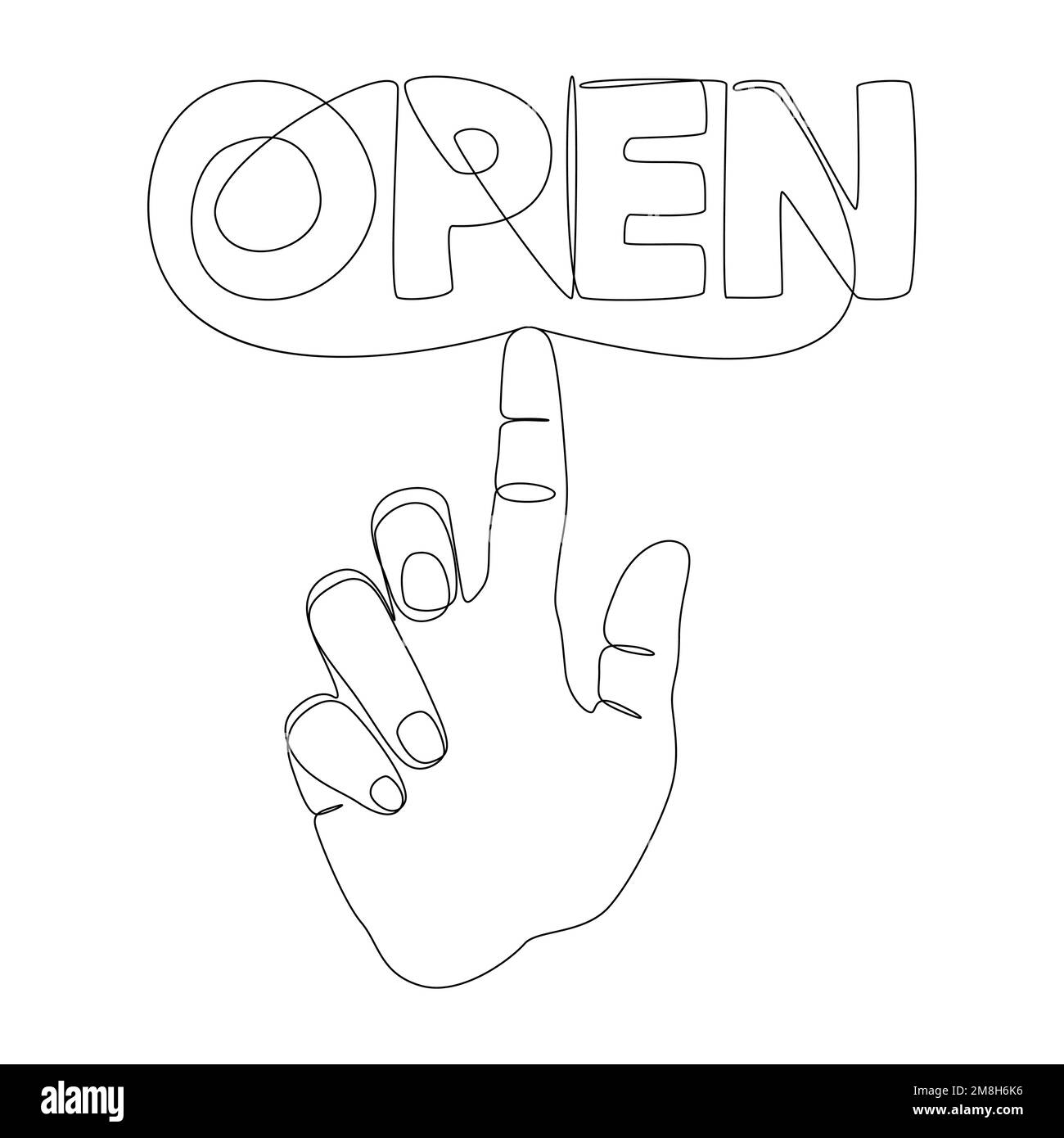 Una linea continua di indice puntando su Open word. Concetto di vettore di illustrazione a linea sottile. Disegno di contorno idee creative. Illustrazione Vettoriale