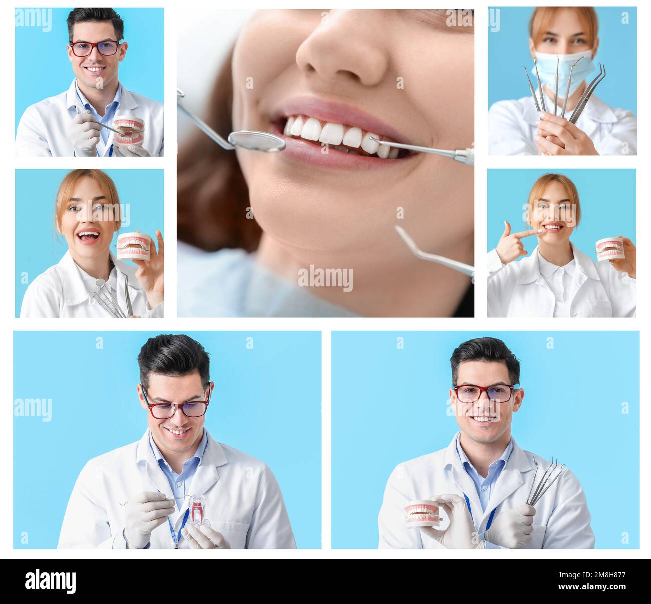 Collage per la Giornata Mondiale della Dentista con medici e pazienti Foto Stock