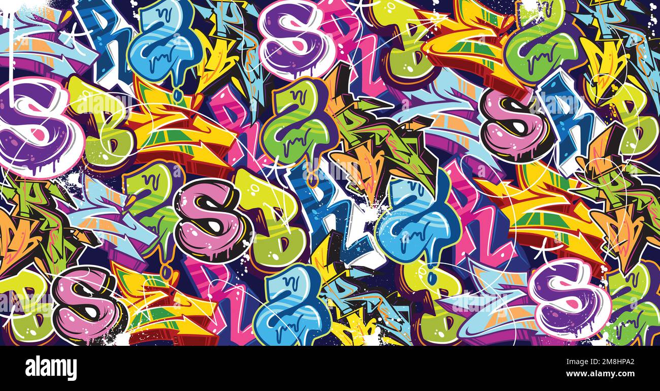 Colorato Graffiti Wall Art sfondo Street Art Hip-Hop Urban Vector Illustrazione sfondo. Perfetto sfondo di grafica graffiti Illustrazione Vettoriale