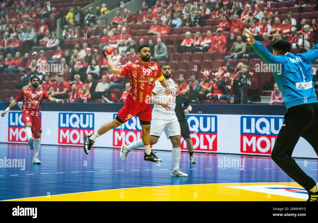 Malmo, Svezia. 13th Jan, 2023. Husain al-Sayyad (99) del Bahrain visto durante la partita IHF World Handball Championship 2023 tra Bahrain e Tunisia alla Malmö Arena di Malmö. (Photo Credit: Gonzales Photo/Alamy Live News Foto Stock