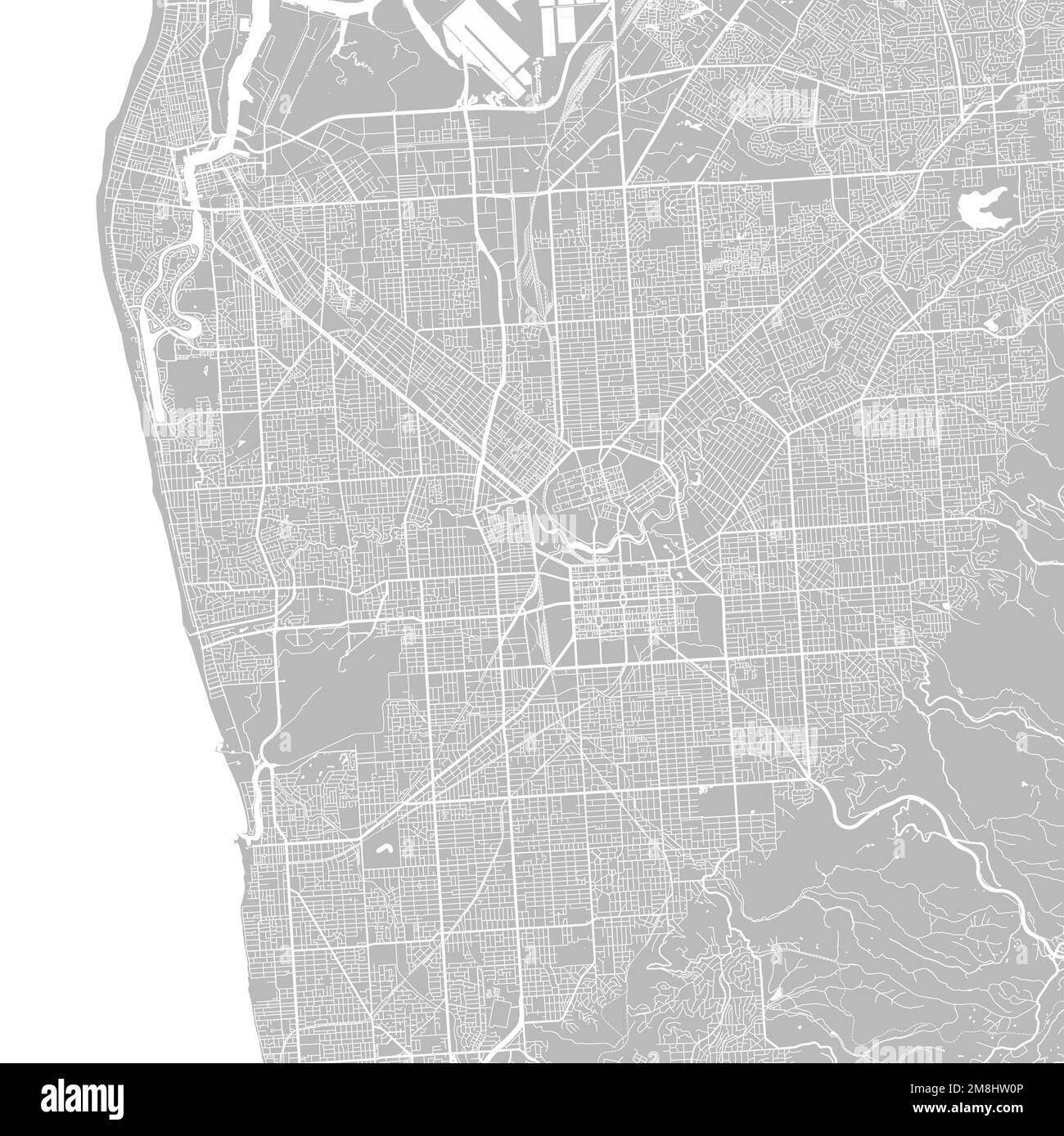 Mappa vettoriale di sfondo, strade e acqua, bianco e grigio chiaro per la zona di Adelaide.Roadmap di progettazione piatta digitale. Illustrazione Vettoriale