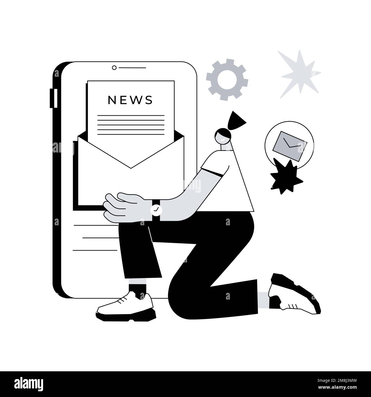 Illustrazione vettoriale del concetto astratto della newsletter. Iscriviti alle ultime notizie, scheda del sito Web della newsletter, barra dei menu, interfaccia utente, aggiornamenti, pagina web aziendale, firma Illustrazione Vettoriale