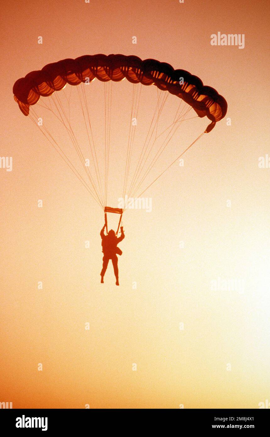 Un paracadutista del 320th Special Tactics Squadron (STS), Kadena Air base, Giappone galleggia verso la terra dopo un SALTO CON L'ALONE, a 10.000 metri, da un aereo HC-130 durante l'allenamento. Data esatta dell'acquisizione sconosciuta. Soggetto operativo/Serie: FOAL EAGLE '94 Paese: Repubblica di Corea (KOR) Foto Stock