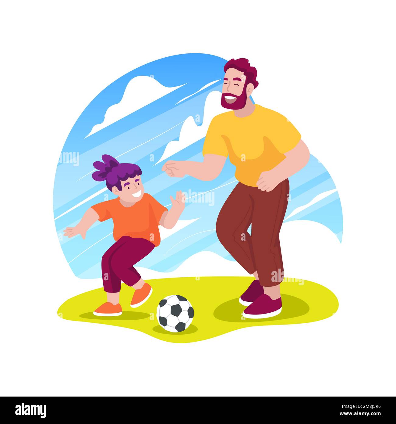 Football isolato cartoon vettore illustrazione. Tempo libero famiglia all'aperto, giocando a calcio sul cortile, padre e figlio giocare a palla su un'erba, sport ya Illustrazione Vettoriale