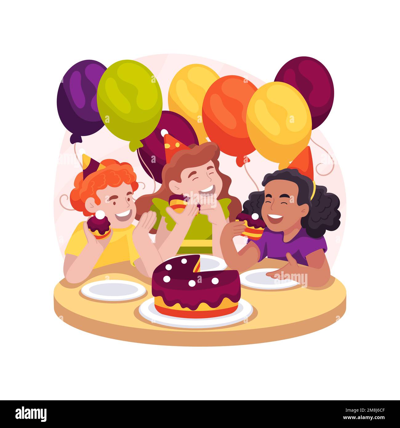 Mangiare torta di compleanno isolato cartone animato illustrazione vettoriale. Celebrazione, divertirsi, bambini con i volti sporchi con la crema, seduti al tavolo, bambini p Illustrazione Vettoriale