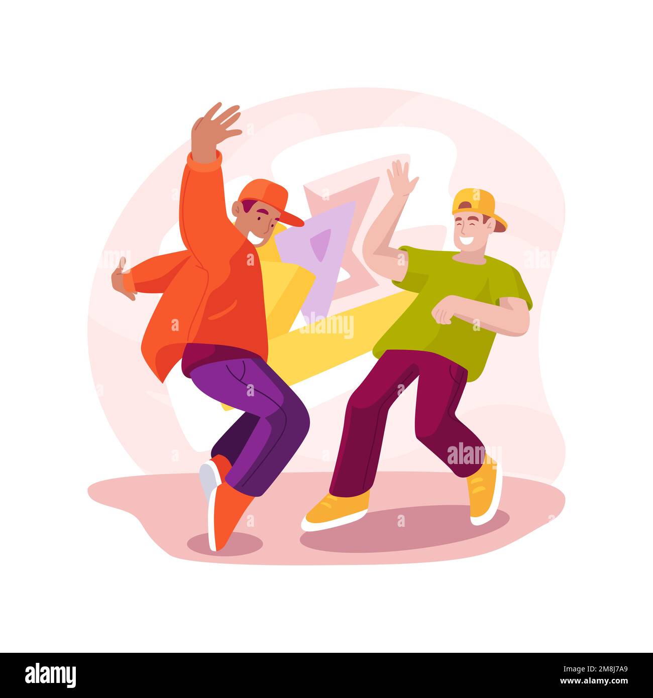 Hip hop battaglia isolato cartoon vettore illustrazione. Ragazzi adolescenti che ballano hip-hop, stile di vita degli adolescenti, tempo libero insieme, divertirsi con fren Illustrazione Vettoriale