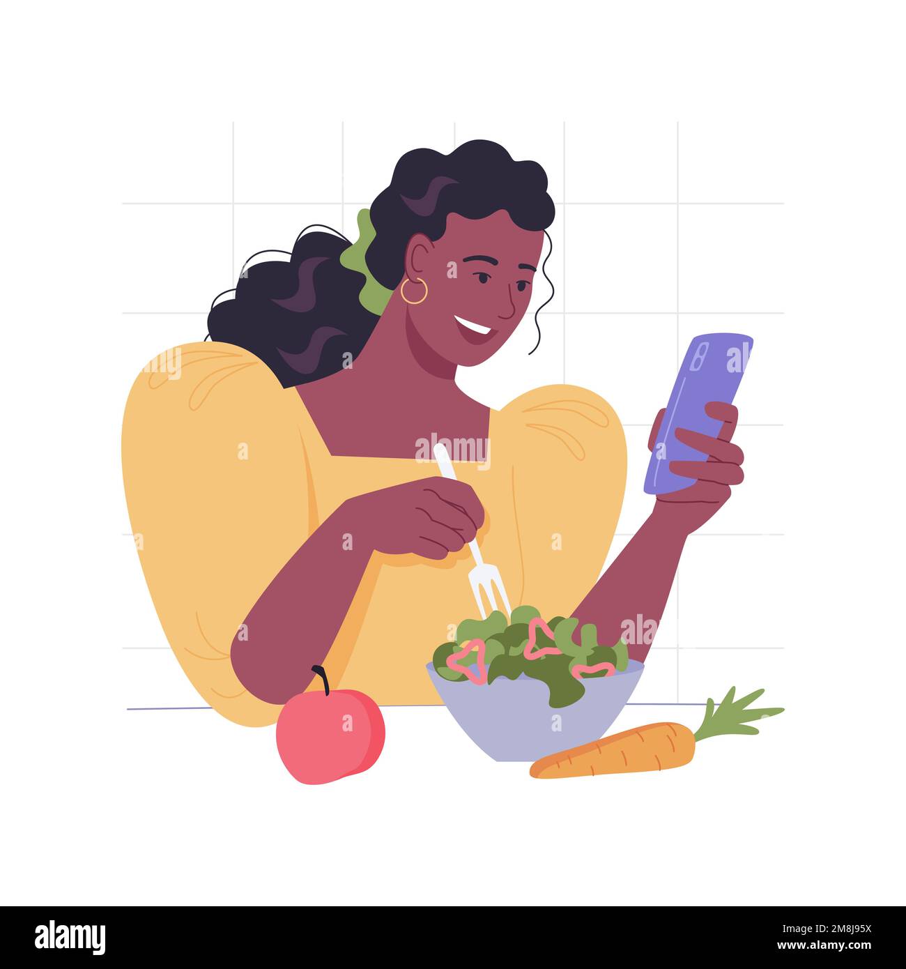 Diet app illustrazioni vettoriali isolate di cartoni animati. Giovane donna che tiene il telefono in mano e mangiare insalata, utilizzando l'applicazione dieta per controllare la nutrizione, la vita sana Illustrazione Vettoriale