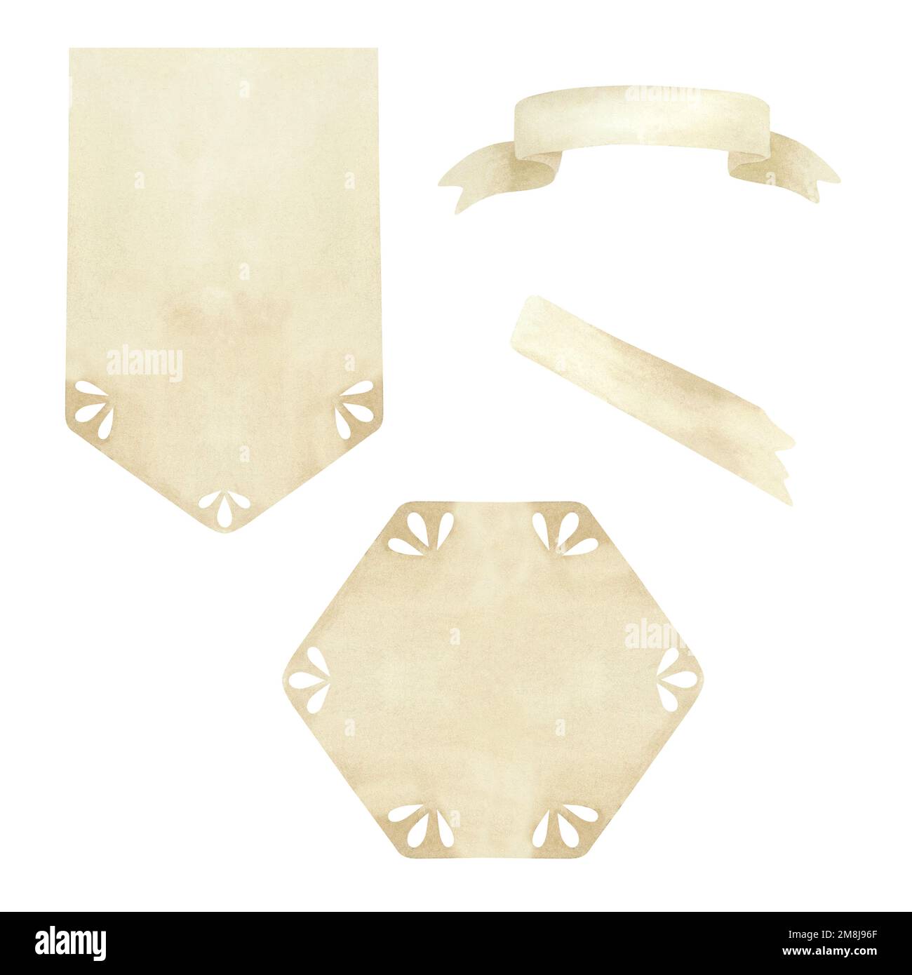 Etichette beige per testo in forma di esagono e rettangolo con bordo triangolare. Illustrazione acquerello. Isolato su sfondo bianco. Per i desi Foto Stock