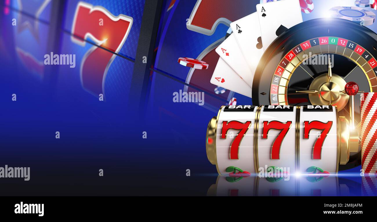 Concetto di giochi di casinò online con Roulette, slot machine spinning, carte Blackjack e chip. 3D Illustrazione rappresentata. Tema Casino Gambling. Foto Stock