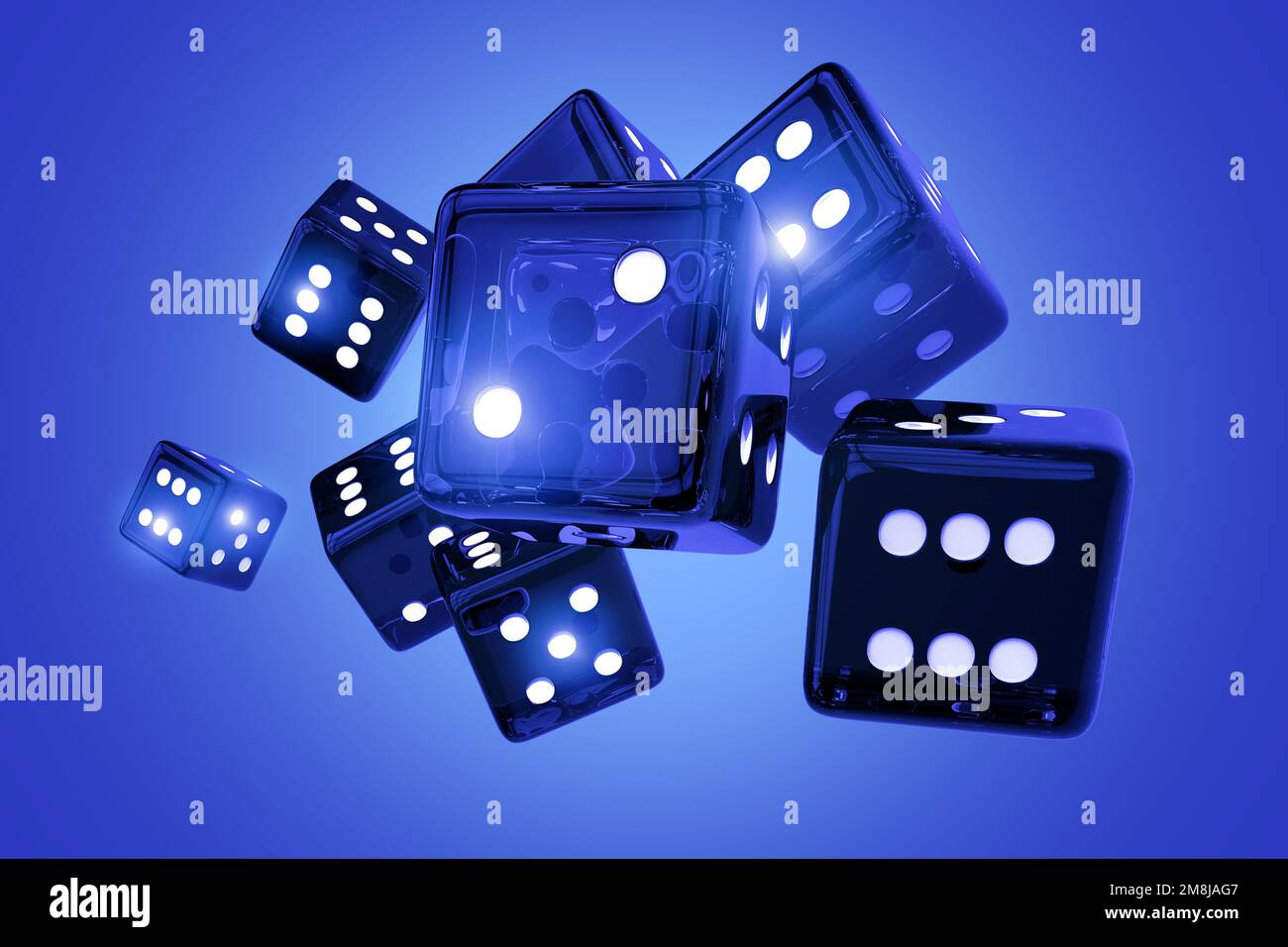 Dadi Craps blu glassy Roll su sfondo blu. 3D Illustrazione rappresentata. Tema Casino. Foto Stock