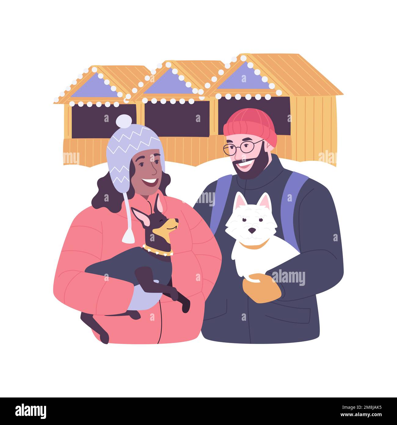 Mercato di Natale isolato cartoon illustrazioni vettoriali. Felice coppia alla fiera di Natale tradizionale, abbracciando con cuccioli carini, vacanze invernali pre Illustrazione Vettoriale