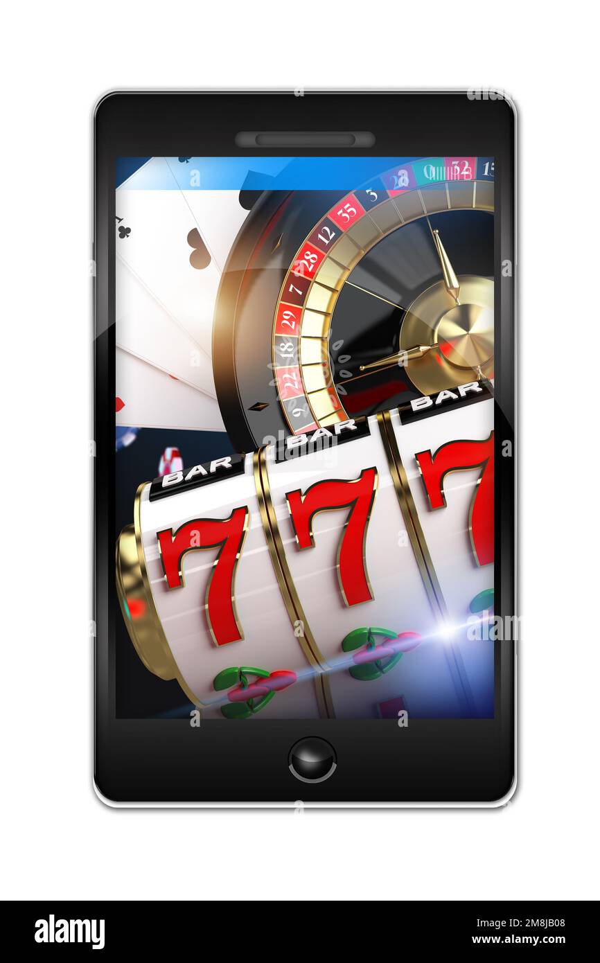 Online Casino Giochi applicazione per smartphone. Illustrazione del rendering del concetto di app di gioco d'azzardo 3D. Foto Stock