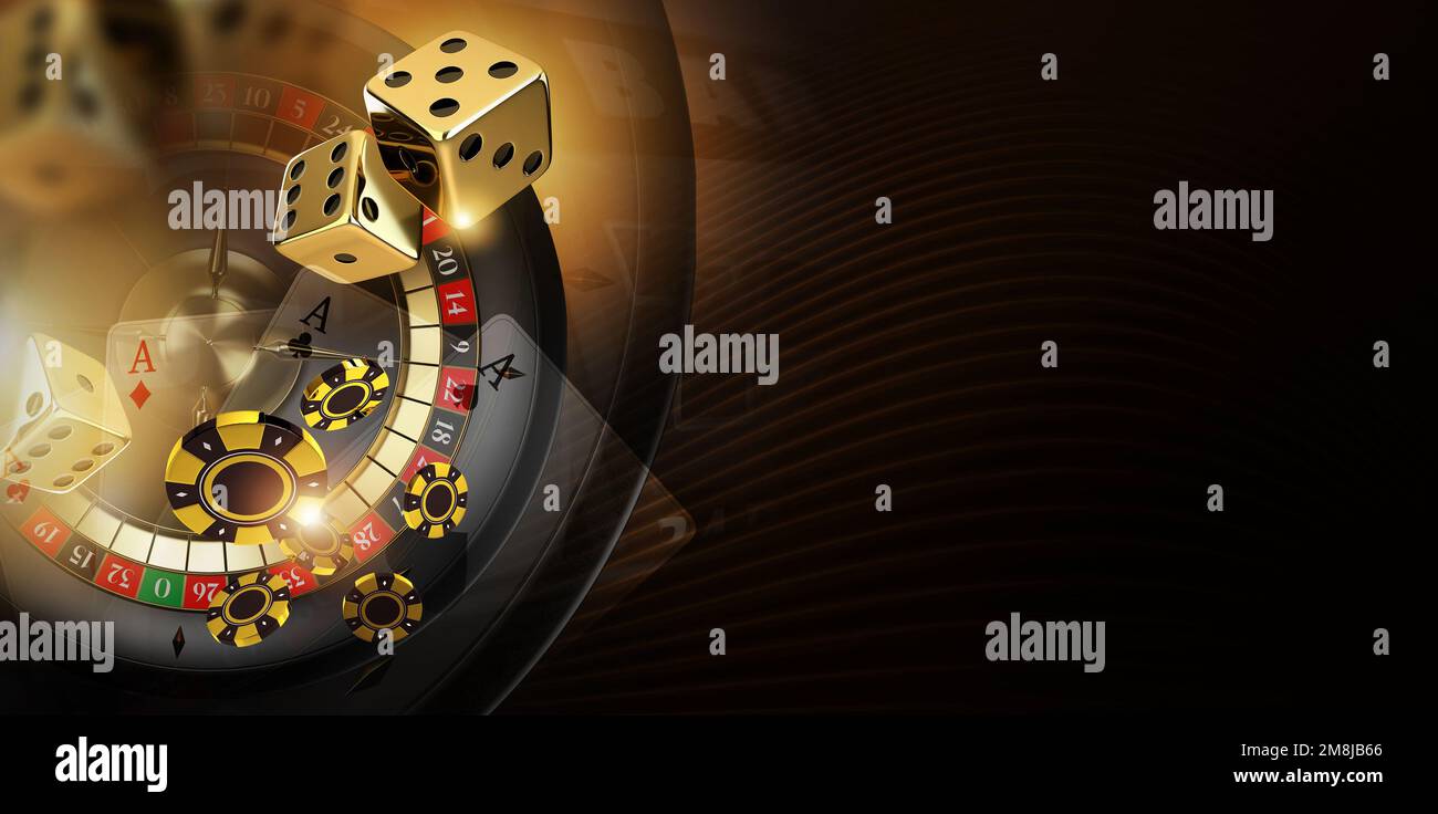 Giochi da casinò sfondo dorato scuro con lato destro Copy Space. Giochi come Roulette, dadi e Poker. 3D Illustrazione rappresentata. Foto Stock