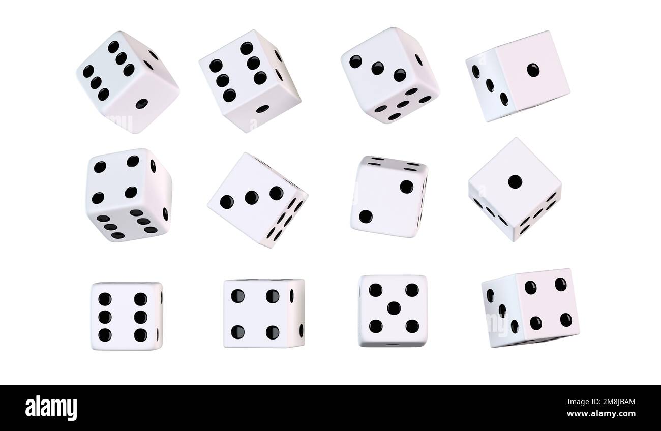 Classico bianco dadi Casino in diverse posizioni 3D rendering Illustrazione. Casino Gambling Grafica. Foto Stock
