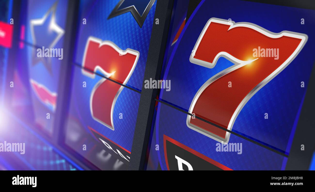 Illustrazione del concetto di gioco di slot machine. Un Haded Bandit Reels primo piano 3D rendering illustrazione. Foto Stock