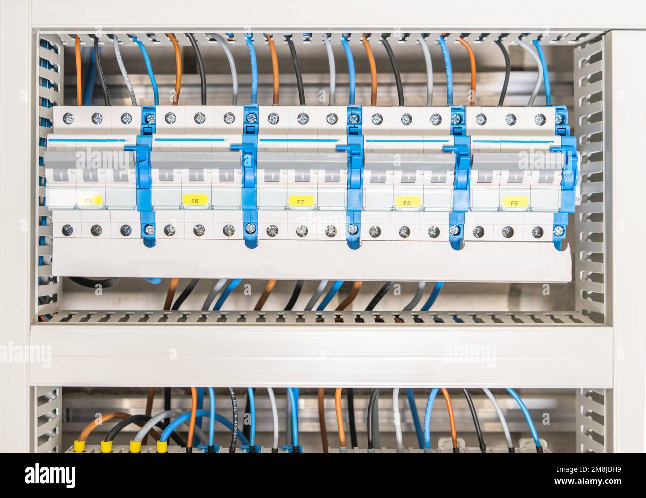 Scatola fusibili per edifici residenziali di recente installazione. Apparecchiature elettriche. Foto Stock