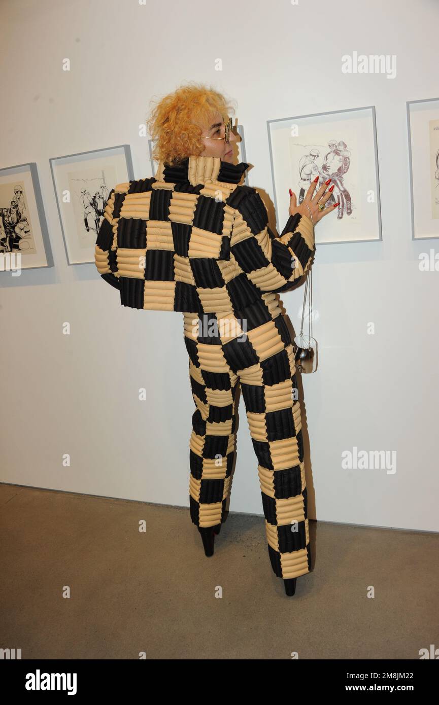 Elton Ilirjani, attivista e influenzatore della moda di LGBTQIA+, alla mostra Tom of Finland inaugurata alla David Kordansky Gallery di New York Foto Stock