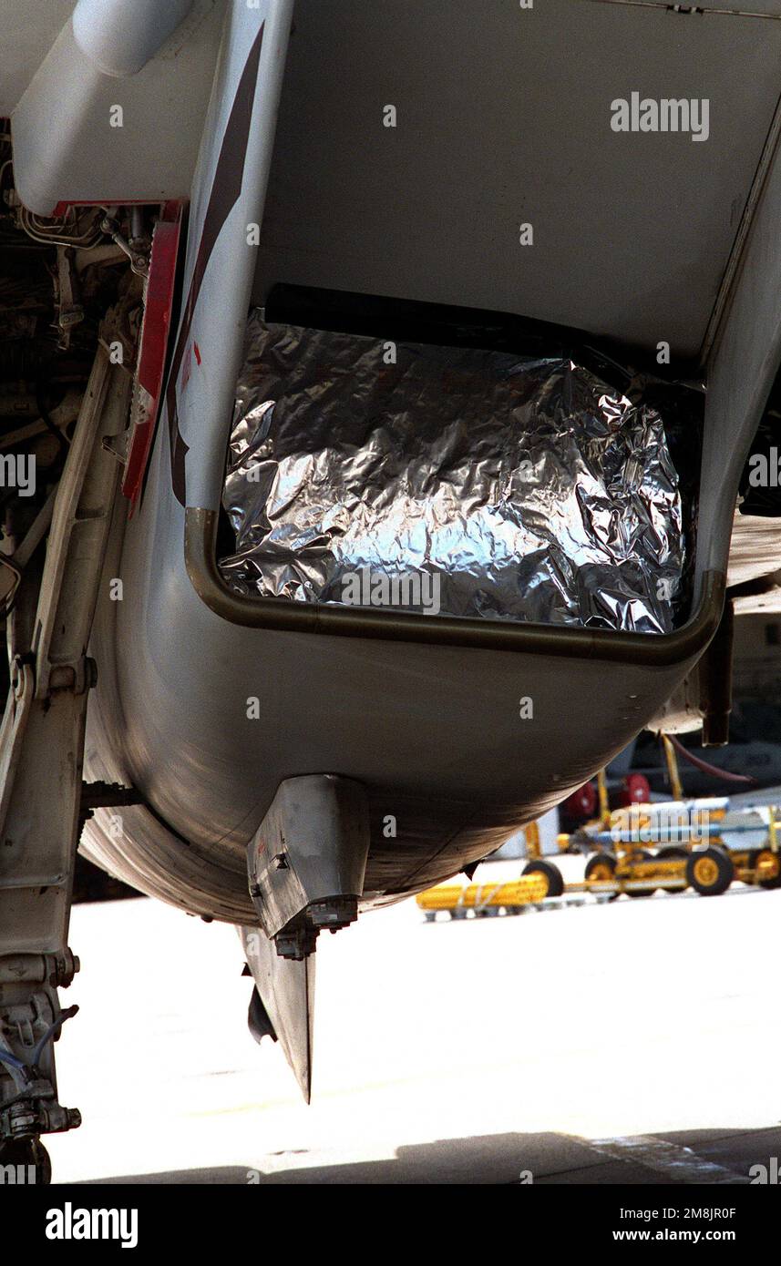 Una vista della presa del getto lato destro chiusa a tenuta su un aeromobile Tomcat F-14D di Fighter Squadron 103 (VF-103) davanti all'hangar 500. L'aeromobile è in stoccaggio a breve termine (30 giorni di conservazione) a causa della mancanza di fondi operativi. Base: Naval Air Station, Oceana Stato: Virginia (VA) Paese: Stati Uniti d'America (USA) Foto Stock