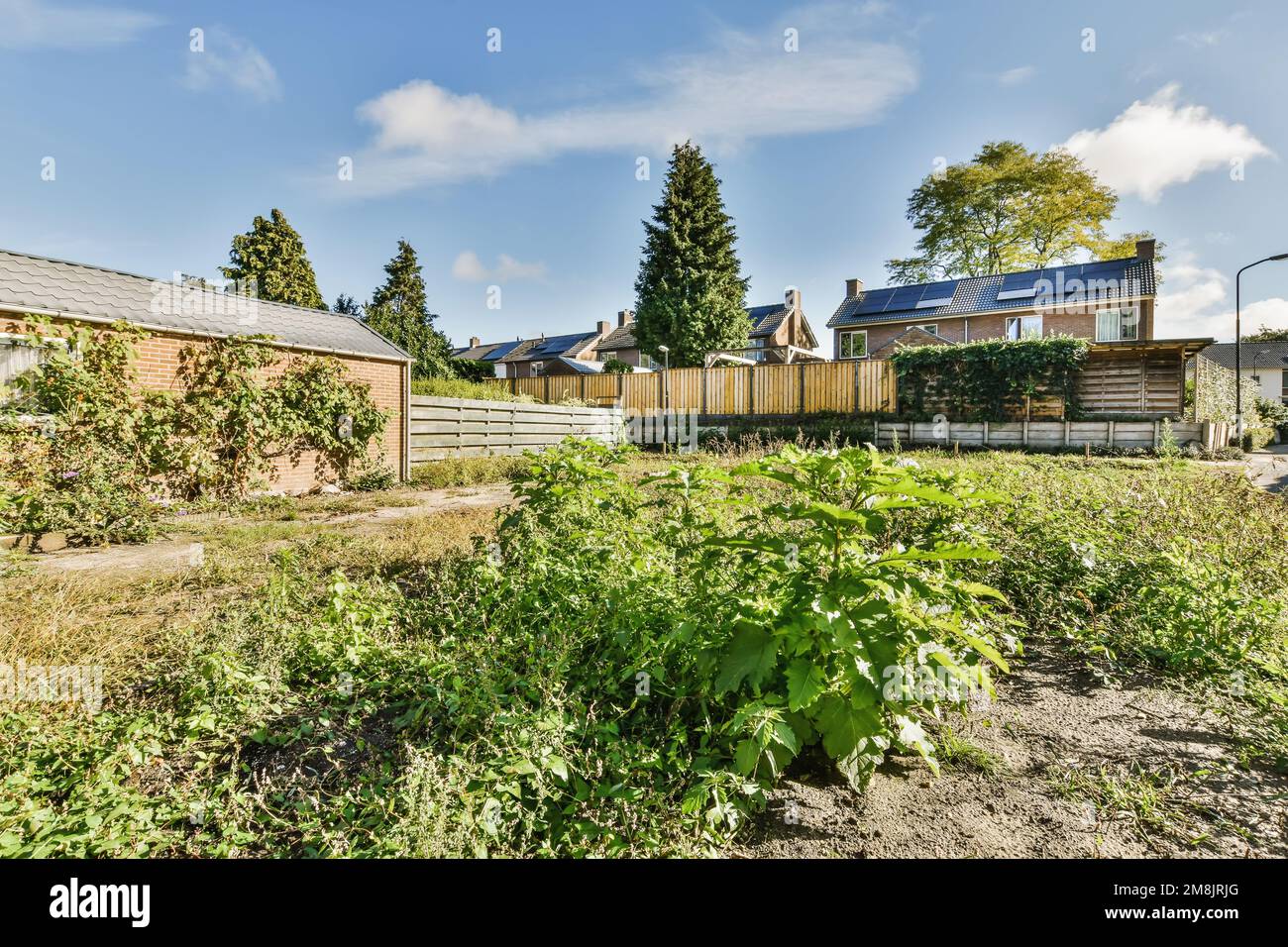 il cortile posteriore e l'area giardino di fronte alla casa, che viene utilizzato come sito di sviluppo urbano Foto Stock