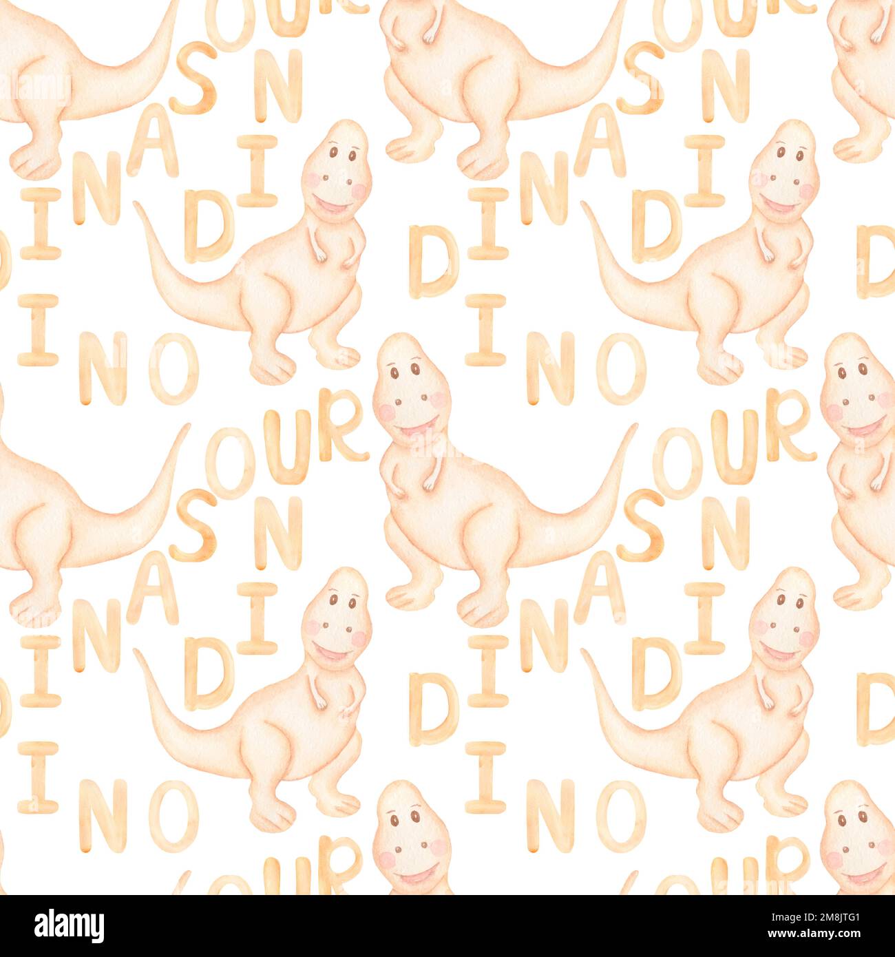 Baby Dino pattern, Watercolor carta da dinosauro beige Kids, cute T-rex senza cuciture pattern, Stegosaurus Boy carta da ripetizione dinosauro, Safari Animal Print, chi Foto Stock