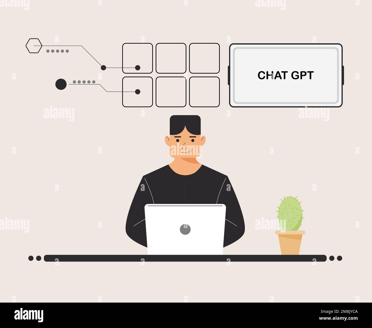 chat GPT uomo uso computer portatile digitale. Ragazzi persone ricerca chat GPT ai, openAI, bot intelligente, posto di lavoro, tecnologia di background. illustrazione vettoriale Illustrazione Vettoriale