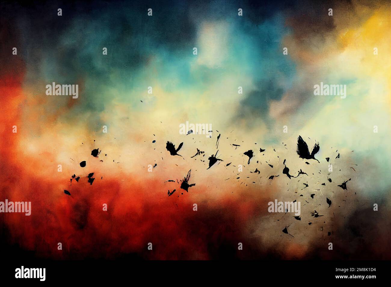 Uno scatto panoramico degli uccelli che volano contro con cielo colorato e sognante Foto Stock