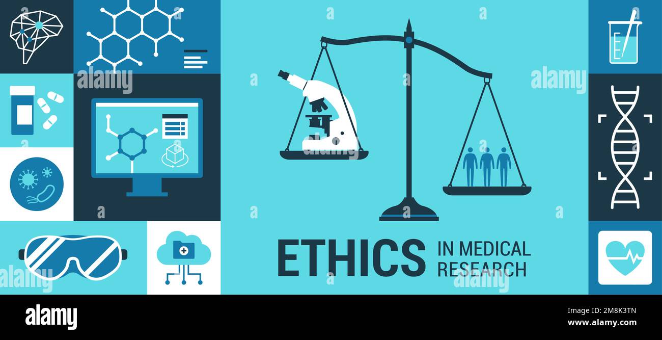 Etica nella ricerca medica: Bilancia con microscopio da un lato e persone dall'altro Illustrazione Vettoriale