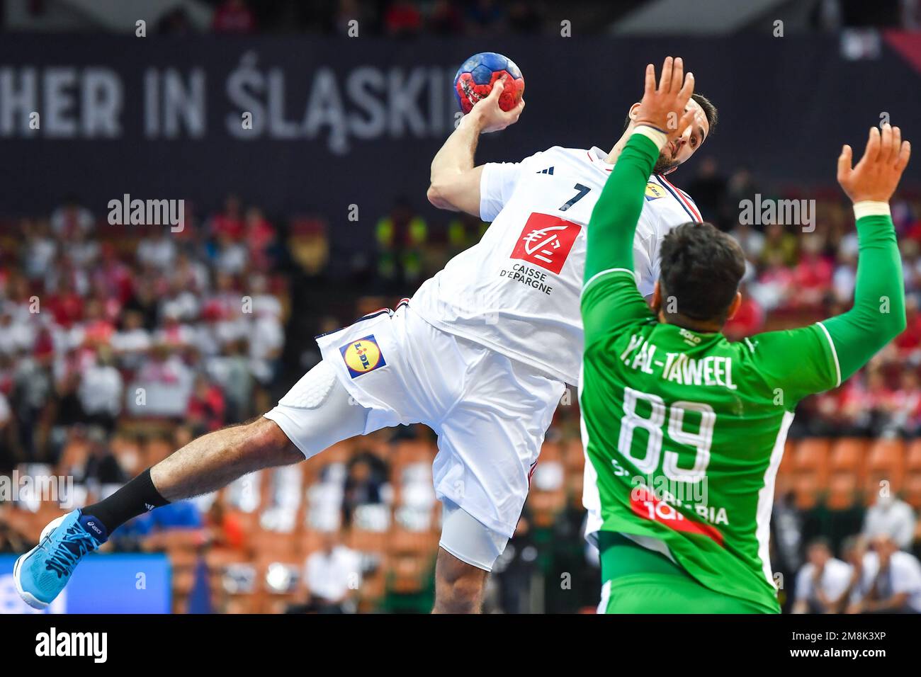 Katowice, Polonia. 14th Jan, 2023. Romain Lagarde durante la partita del Campionato Mondiale IHF MenÕs tra Francia e Arabia Saudita il 14 gennaio 2023 a Katowice, Polonia. (Foto di PressFocus/Sipa USA) Credit: Sipa USA/Alamy Live News Foto Stock