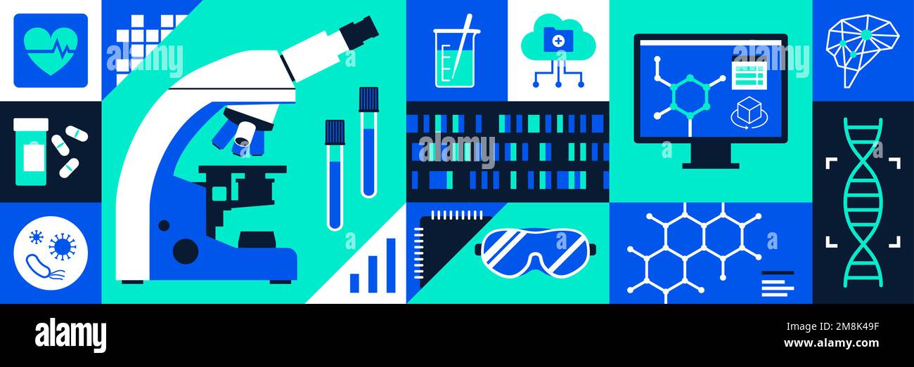 Assistenza sanitaria, ricerca medica, tecnologia e innovazione sfondo con icone Illustrazione Vettoriale
