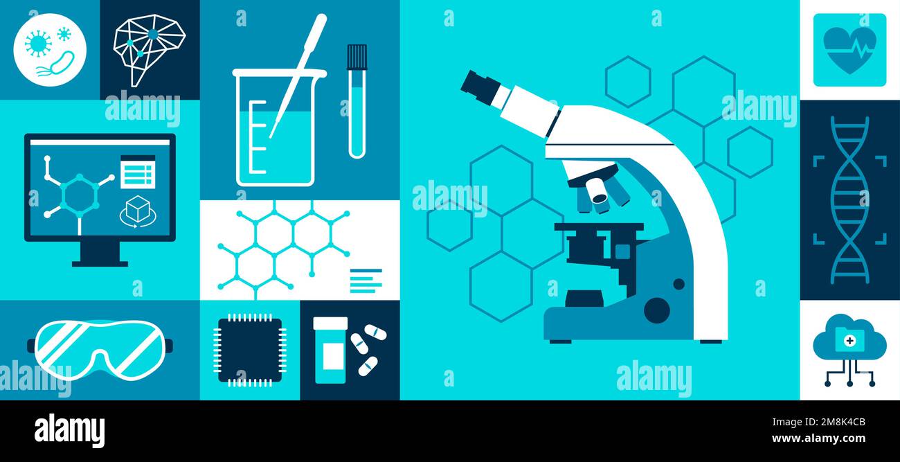 Assistenza sanitaria, ricerca medica, tecnologia e innovazione sfondo con icone Illustrazione Vettoriale