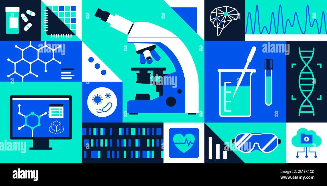 Assistenza sanitaria, ricerca medica, tecnologia e innovazione sfondo con icone Illustrazione Vettoriale