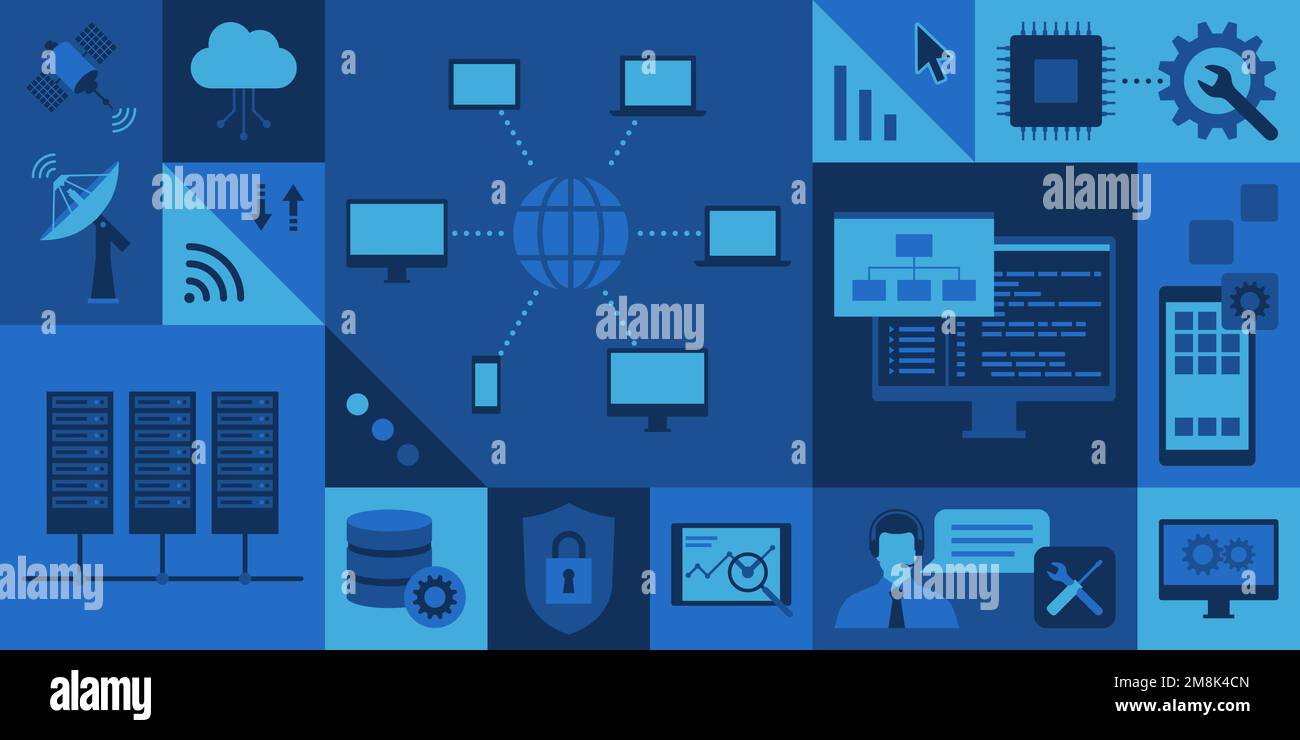 Concetti di informatica e telecomunicazioni background con icone: internet, comunicazione e innovazione tecnologica Illustrazione Vettoriale