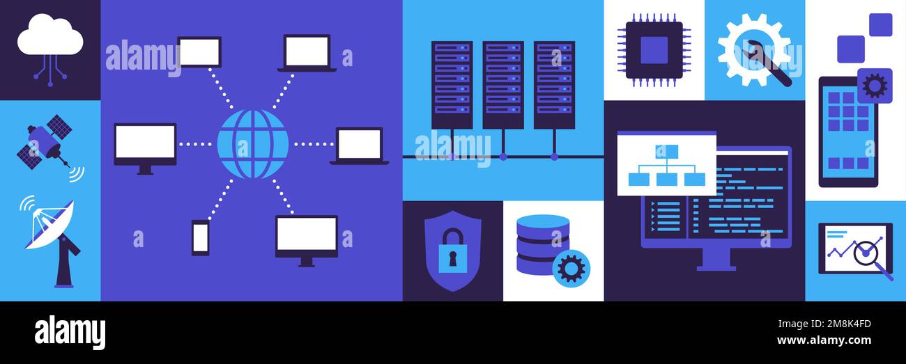 Concetti di informatica e telecomunicazioni background con icone: internet, comunicazione e innovazione tecnologica Illustrazione Vettoriale