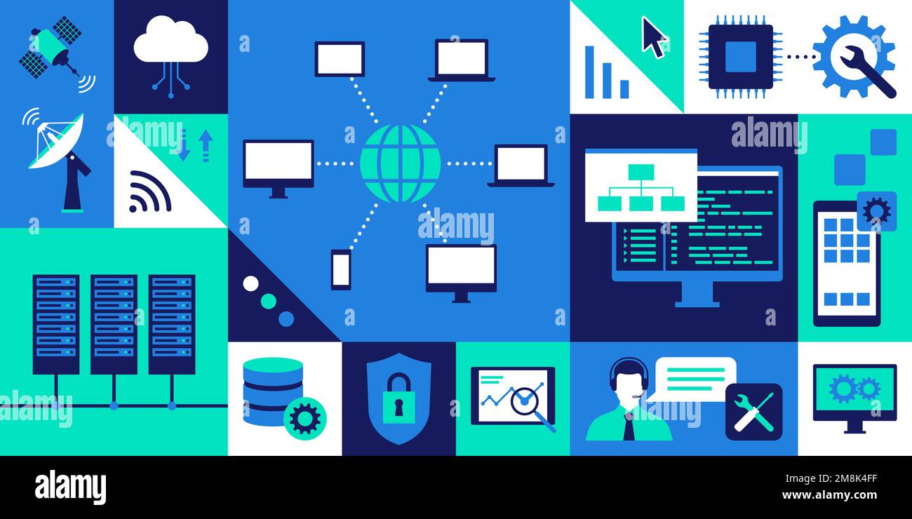 Concetti di informatica e telecomunicazioni background con icone: internet, comunicazione e innovazione tecnologica Illustrazione Vettoriale