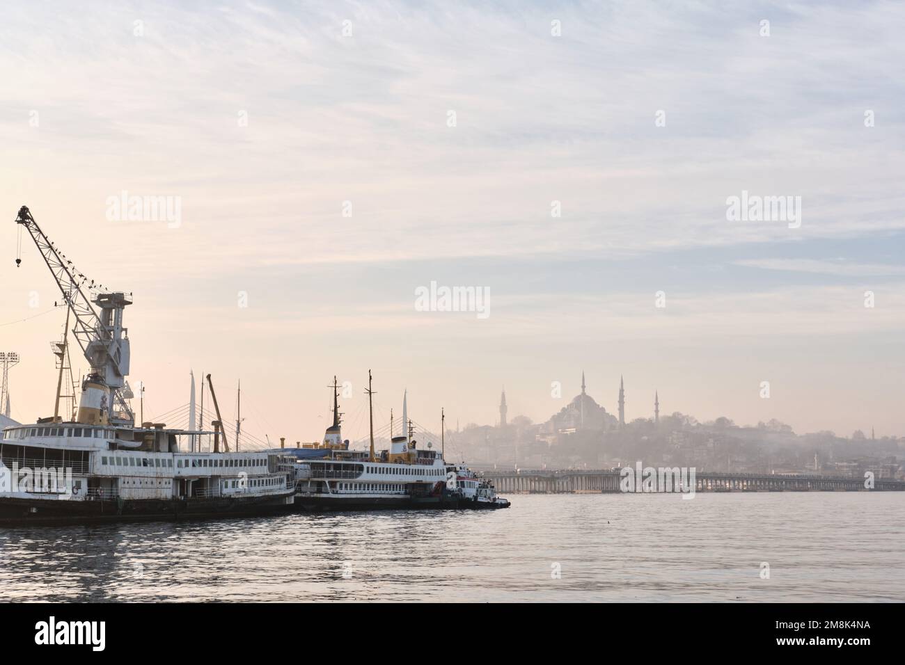 Istanbul, Turchia - Gennaio, 2023: Vista all'alba della Moschea Suleymaniye e dello skyline della città del Corno d'Oro con le navi al molo Foto Stock