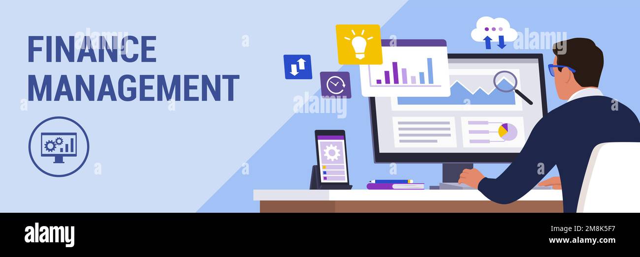 Uomo d'affari aziendale seduto alla scrivania e di controllo dei rapporti finanziari sul suo computer, business e concetto di tecnologia Illustrazione Vettoriale