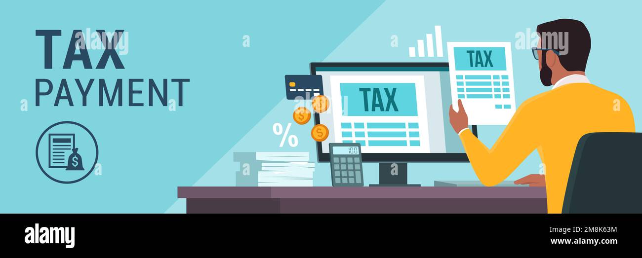 Pagamento online e-tax su computer: Uomo che controlla i moduli fiscali sul suo computer e paga con una carta di credito Illustrazione Vettoriale