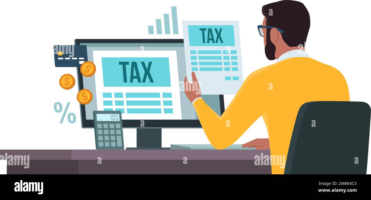 Pagamento online e-tax su computer: Uomo che controlla i moduli fiscali sul suo computer e paga con una carta di credito Illustrazione Vettoriale