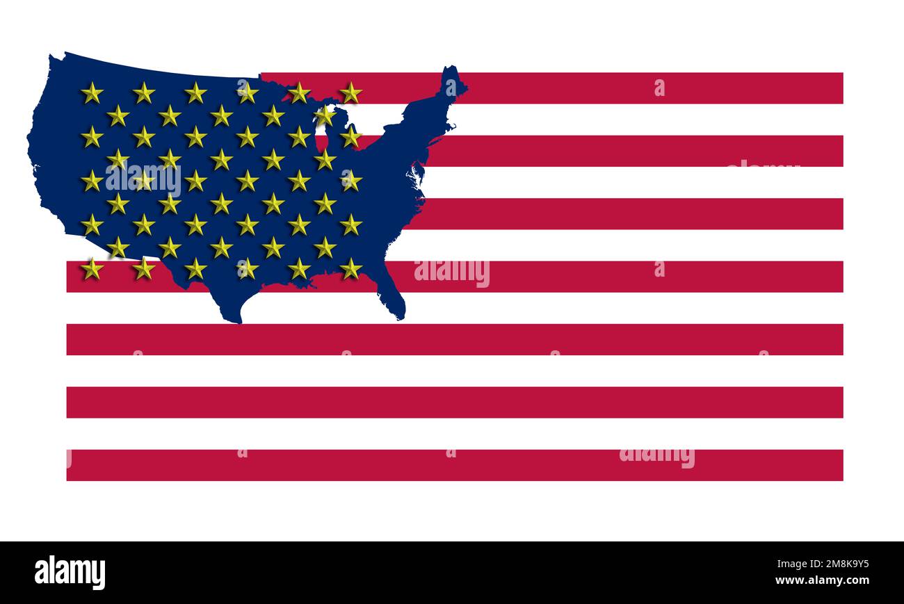 bandiera degli stati uniti d'america: alternando l'idea con la silhouette dell'america come un campo blu su cui poggiano le stelle degli stati uniti e l'acronimo Foto Stock