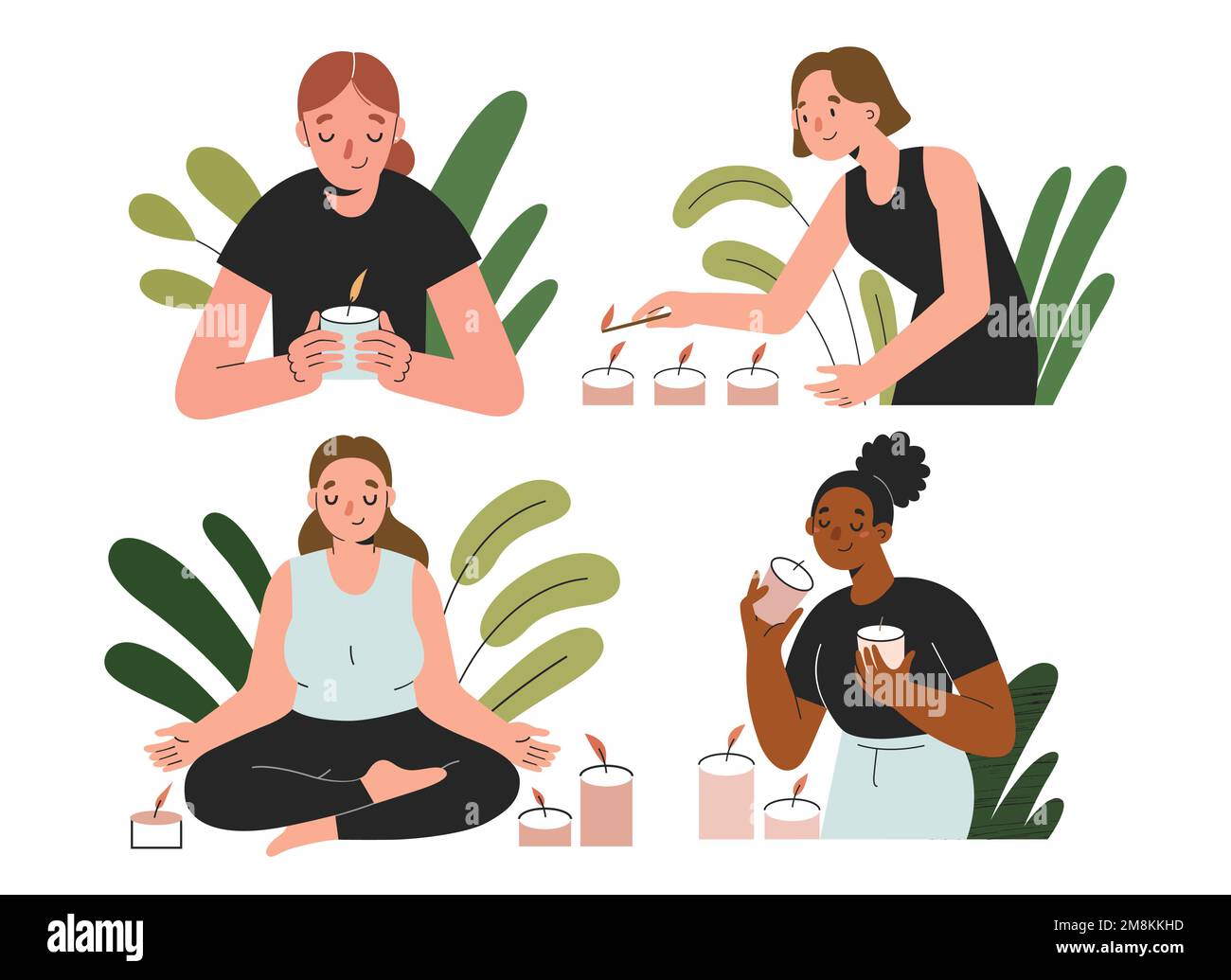 Le donne con candele profumate, le femmine odorano, illuminano candele profumate, meditano e fanno yoga, illustrazioni vettoriali Illustrazione Vettoriale