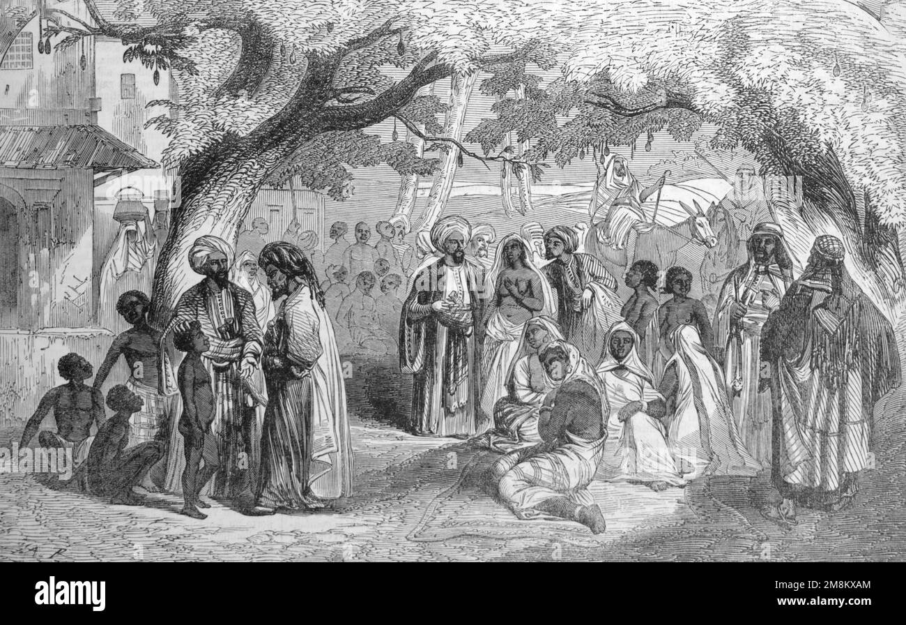 Il mercato degli schiavi a Muscat, la capitale dell'Oman, mostra i commercianti arabi e gli onlookers con gli africani neri catturati. Foto Stock