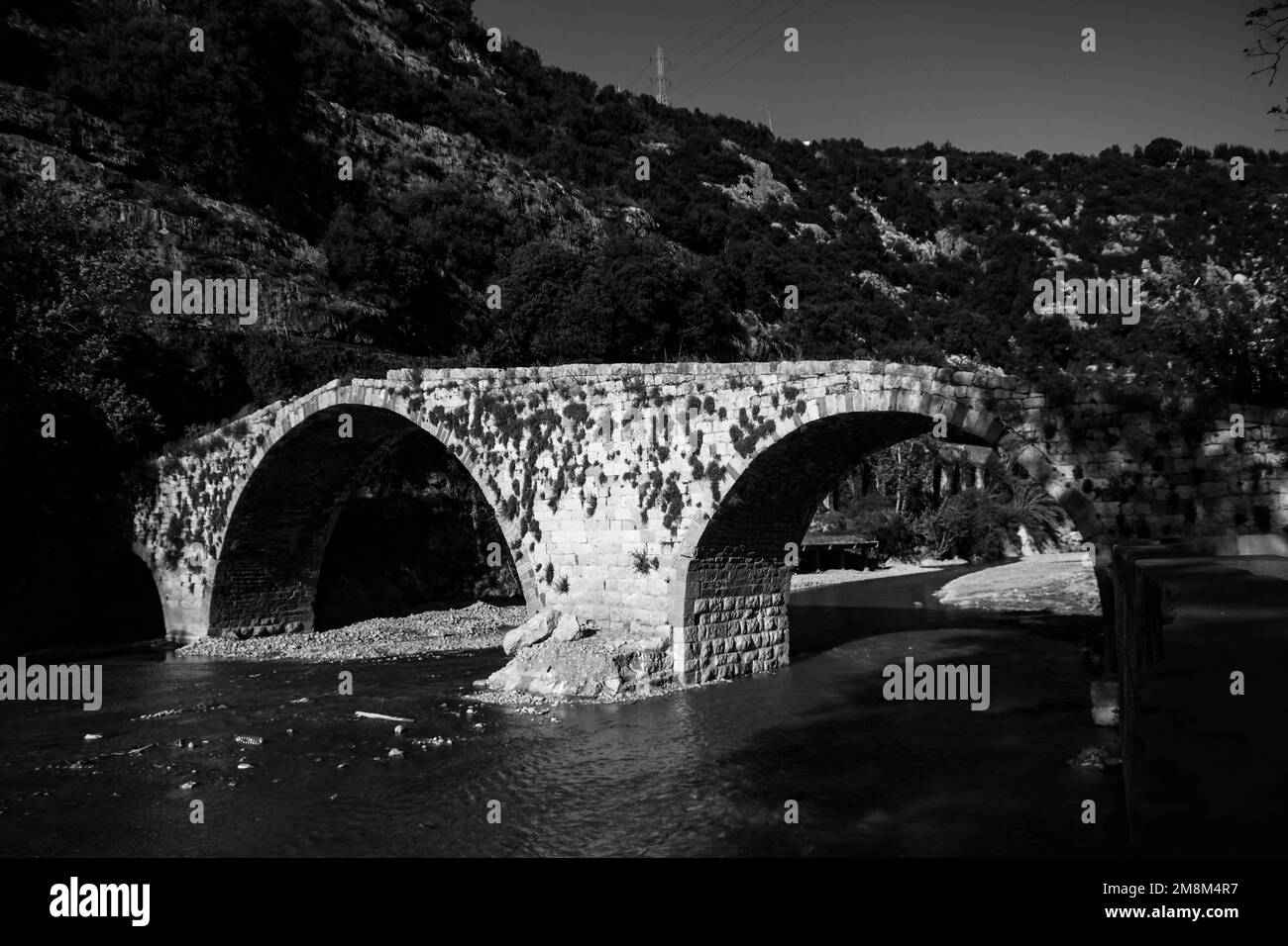 Un colpo in scala di grigi di vecchio ponte su un fiume con montagna dietro di esso Foto Stock