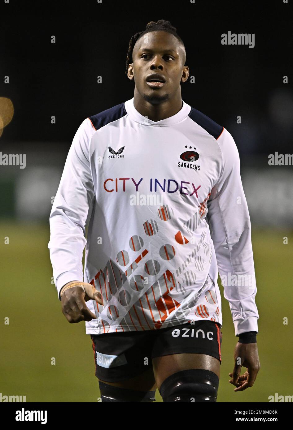 Barnet, Regno Unito. 14th Jan, 2023. EPCR Challenge Cup. Saracens V Lyon ou. Stadio StoneX. Barnet. Maro Itoje (Saracens) si scalda prima della Saracens V Lyon ou EPCR Heineken Champions Cup, Round 3, organizzando Una partita di rugby allo StoneX Stadium. Credit: Sport in Pictures/Alamy Live News Foto Stock